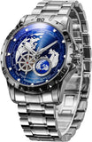 GLENAW Automatic Watches for Men, Blue Rotating Little Earth Blue Dial Men's Mechanical Watch Luminous Hands, 3ATM Waterproof Steel Strap Stopwatch